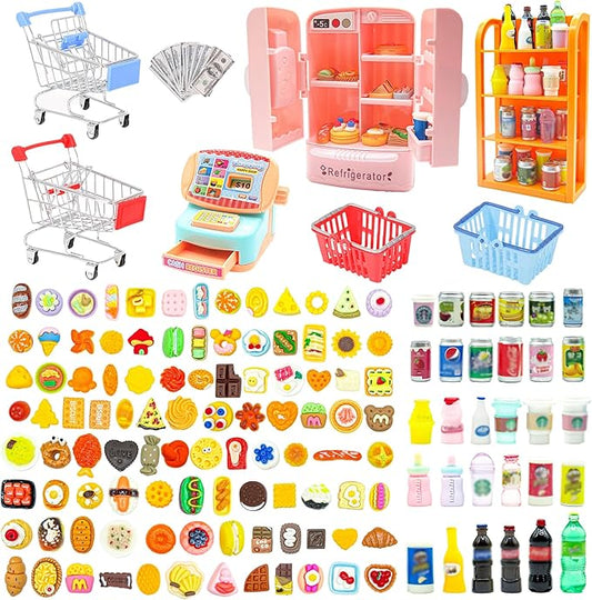 139 Pcs Mini Shopping Cart Basket Miniature Food Drink Toy Supermarket, Miniature Dollhouse Furniture and Accessories,Grocery Store Pretend Play,Doll House Refrigerator Mini Fridge Toy Mini Food Set