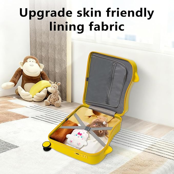 18" Children's Ride On Trolley, Ride-on Travel Suitcase, Cute Ear Toddler Carry on Luggage with Spinner Wheels, Children Rolling Trolly Luggage, Unisex Boys Girls Travel Suitcase with Lock (Yellow)