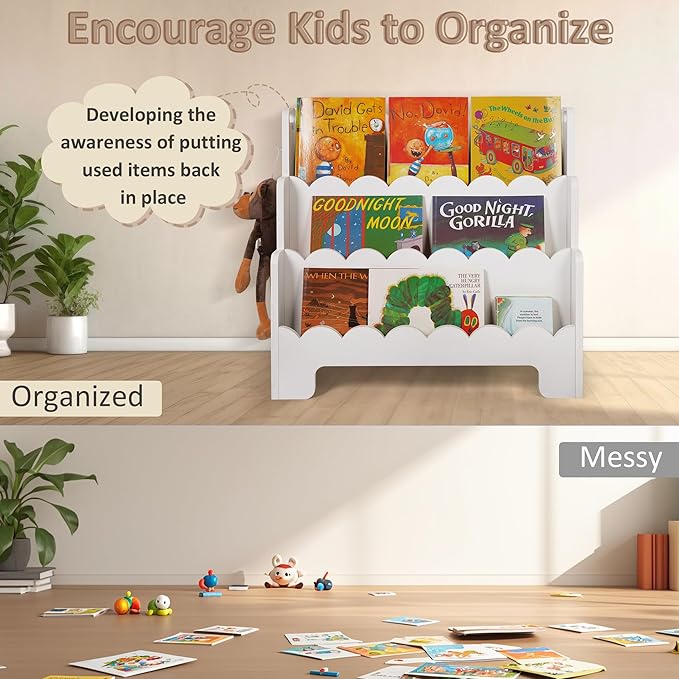 Kids Bookshelf Wooden 3-Tier, Scalloped Book Shelf for Kids Rooms, Front Facing Toddler Montessori Bookshelf, Baby Nursery Book Shelves Kids Classroom Bookshelf Bookcase