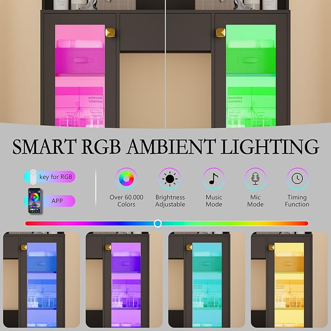 Vanity Desk with Mirror and Lights, Small Makeup Vanity Table with RGB Storage Cabinet & Power Strips & Shelves, 3 Lighting Modes & Adjustable Brightness, Dressing Table for Women Girls Bedroom, Black
