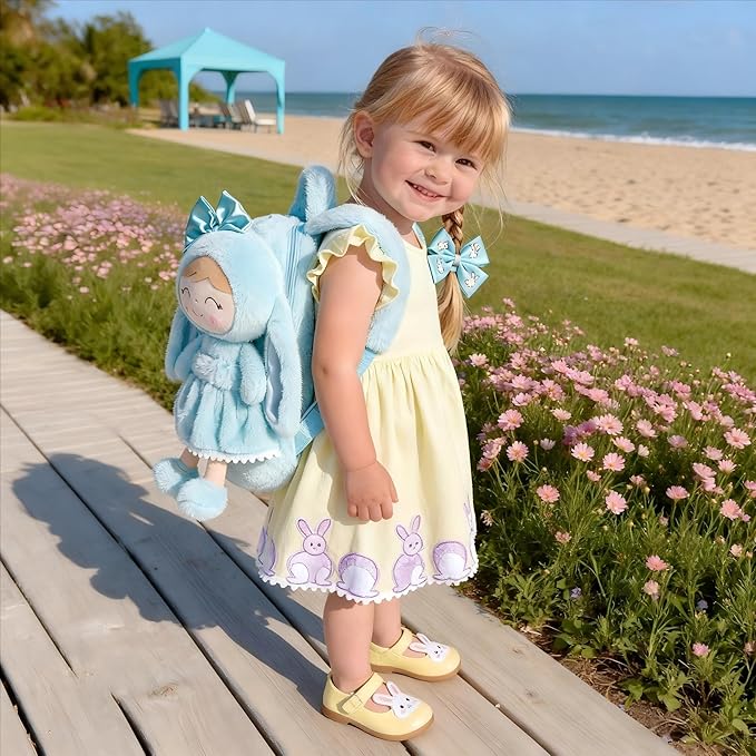 Gloveleya Back to School Gifts for Girls Toddler Backpack Kids Backpack Baby Girl Gift Plush Bag with Pure Blue Rabbit Doll Aged 2+