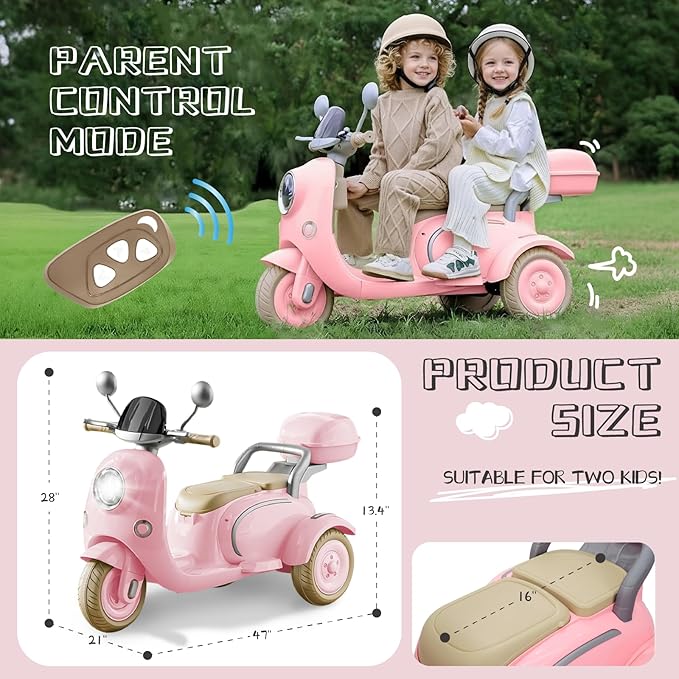 HEIMILI Kids Electric Motorcycle,Electric Scooter for 3 Year Old, Girls Toy, 3-Wheel 12V Ride On Scooter for Kids with Storage Compartments, Motorcycle for Girls (Pink)