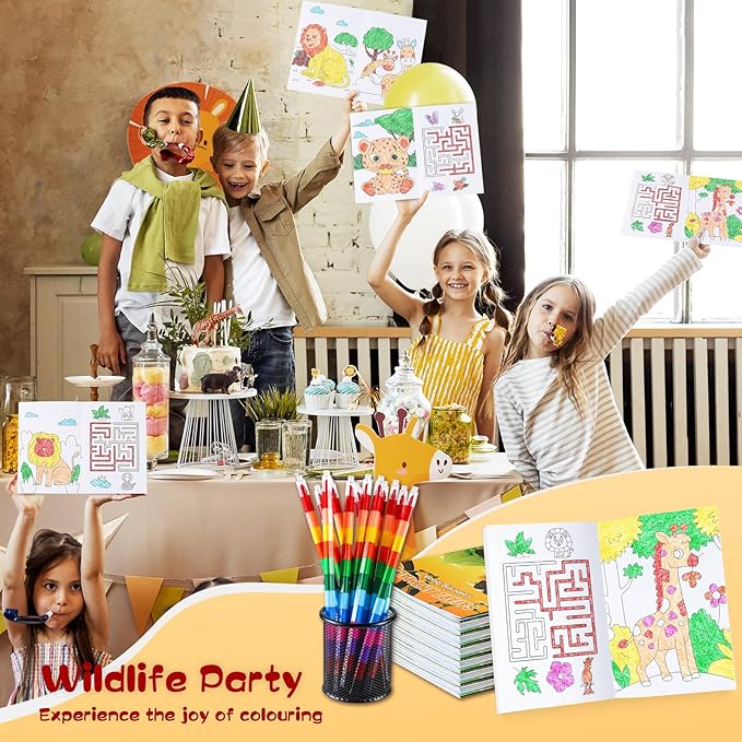 BenLouis 12 Jungle Safari Mini Coloring Books Kids with 12 Stacking Crayons Zoo Animals Lion Party Favors Small Activity Books Bulk for Kids Wild One Party Gift Goodie Bag Stuffers