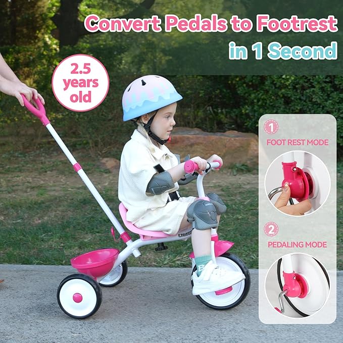 Liberry 2 in 1 Toddler Tricycle Age 2 3 4 Years Old, Kids Trike with Adjustable Push Handle, Bell & Basket, 3 Wheel Bike Riding Toy Birthday for Girls Boys, Pink
