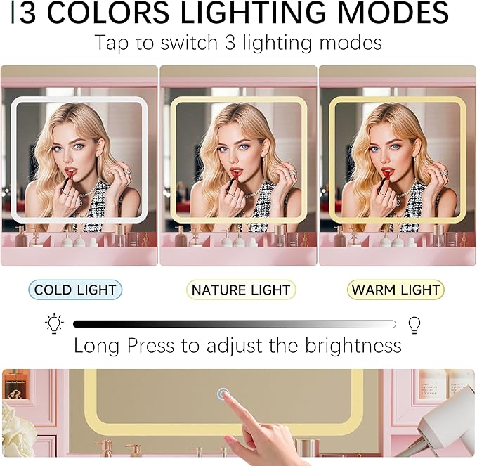 43'' Makeup Vanity with Mirror and Lights, Farmhouse Vanity Desk with Drawers & Charging Station, 3 Lighting Modes & Adjustable Brightness, Glass Cabinet, Dressing Table for Bedroom, Pink