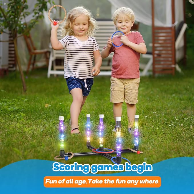 Outdoor Games for Kids 3-12: FunforFun! LED Ring Toss Game with 18 Rings Boys Girls Toys Age 5 6 7 8 9 Yard Games for Family Outside Toys for 10 11 12 13 14 Years Old Boys Gifts for Kid Age 8-12