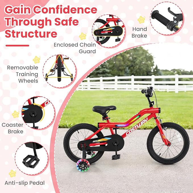 COSTWAY 16”/18” Lighted Kids Bike, Children Sport Bicycle with LED Light-up Frame, Adjustable Saddle, Training Wheels, Handbrake & Coaster Brake, Kids Riding Bike for 4-7/4-8 Years Old Boys & Girls
