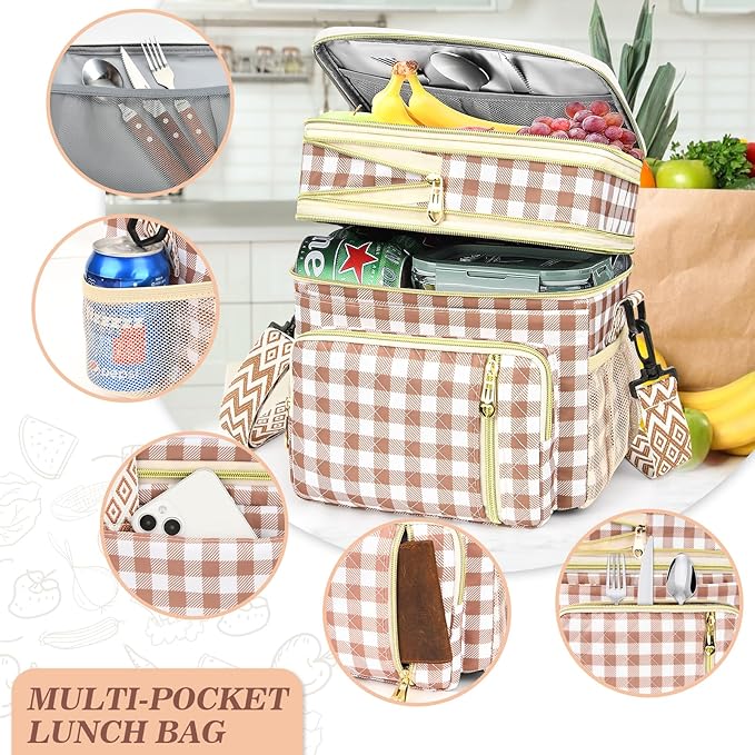 LOKASS Lunch Box for Women-16L-Insulated Lunch Bag Women, Expandable Double-layer Leakproof Cooler Bag with Upgrade Adjustable Shoulder Strap Ideal for Work/Travel/Picnics（Brown&White Check）