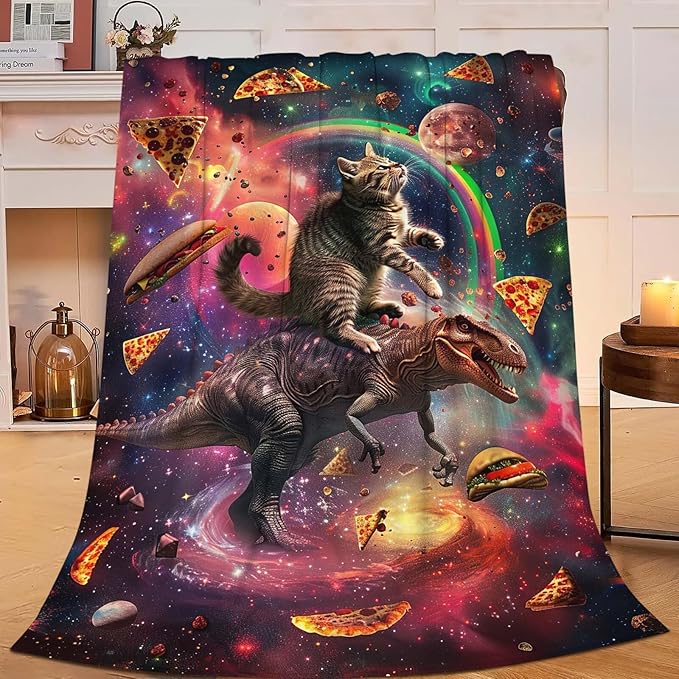 Dinosaur Cat Throw Blanket Funny Hamburger Pizza Dinosaur Cat Stuff Gifts for Kids Girls Boys Adults Women Man Soft Cozy Warm Plush Fluffy Fuzzy Fleece Blanket Decorr 60''X80''