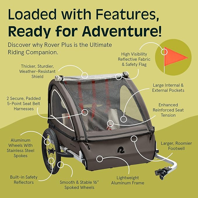 Retrospec Rover Plus Foldable Bike Trailer for Kids, Single/Double Passenger Child Bike Trailer with 5-Point Safety Harness, Reflective, Weather-Resistant Fabric and Safety Flag - Supports 40-80 lbs
