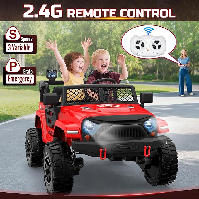 2 Seater Ride On Car for Kids, EVA Tires, 24V 4WD Electric Car w/Remote Control, Bluetooth, LED Lights, Ride On Truck for Boys and Girls Aged 3-8, Red