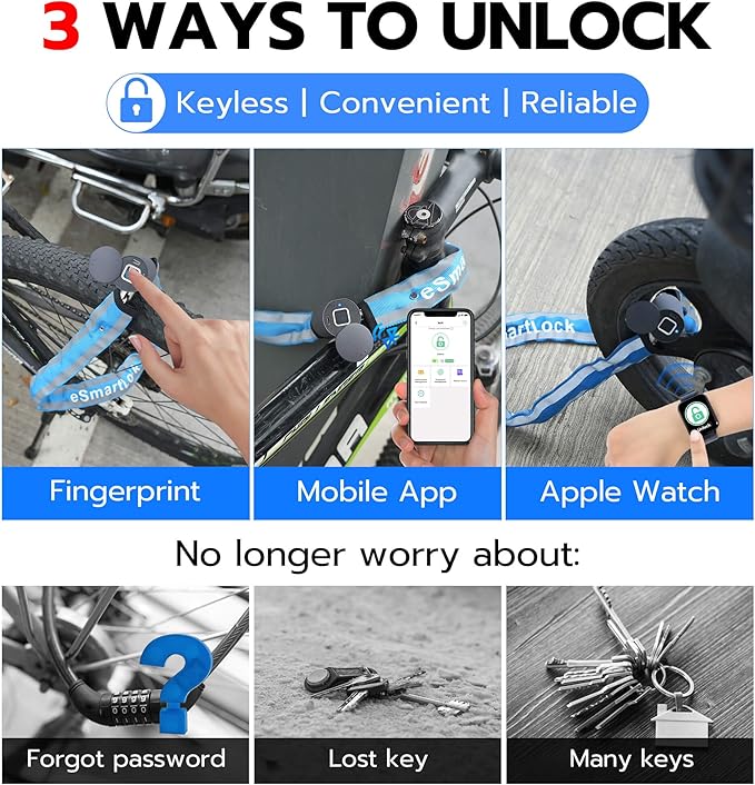 Heavy Duty Anti Theft Chain Lock, Anweller 3.3FT Long Keyless Fingerprint Bluetooth Electronic Digital Lock for Bike Scooter Outdoor Fence Gate, Electric Scooter Bike Accessories for Adults - Blue