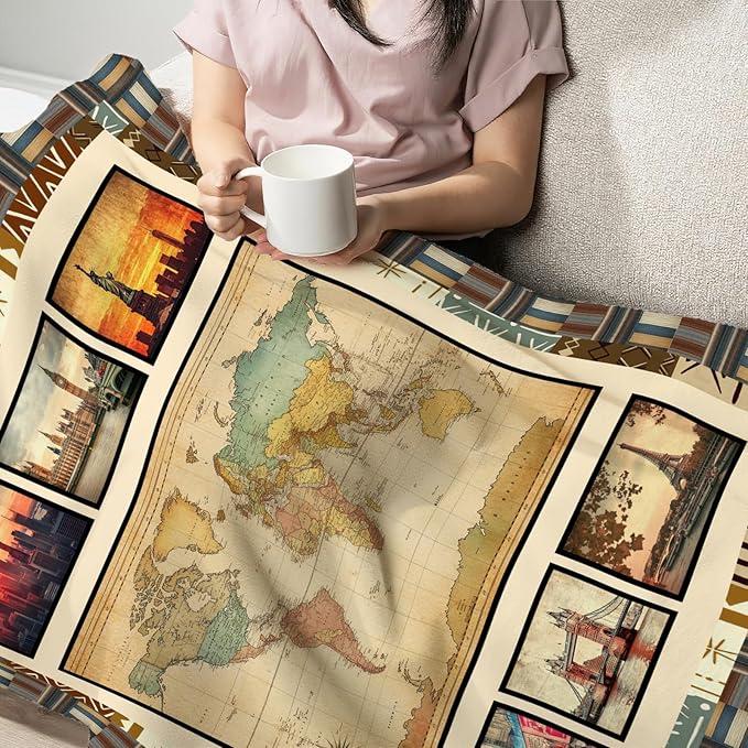 World Map Throw Blanket Ultra Soft Cityscape Flannel Blanket Lightweight Cozy Print Blankets Gift for Women and Men Couch Sofa Bed 60" x 50"