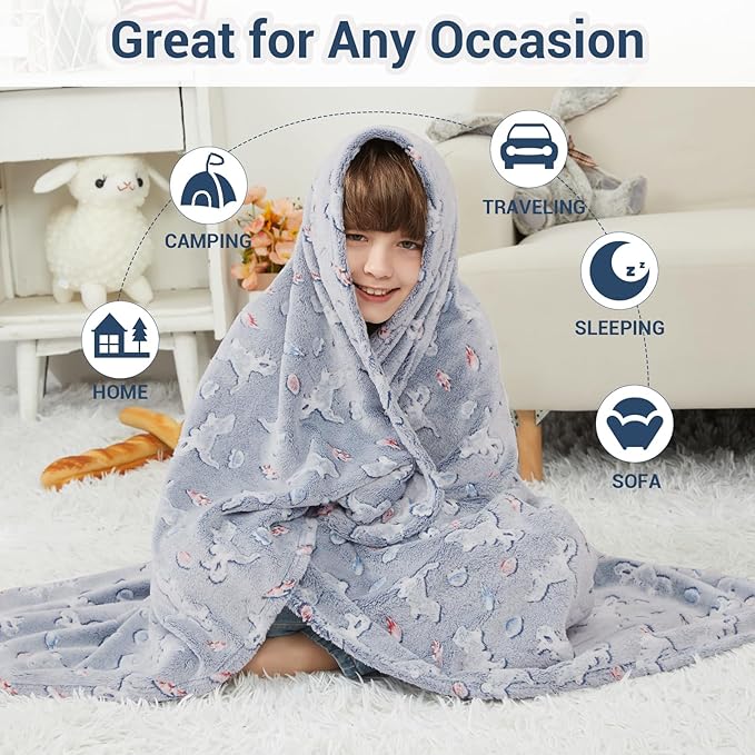 Viviland Kids Throw Blanket Glow in The Dark, Dinosaur Toddler Blankets for Boys, Soft Warm Lightweight Plush Throw Blanket Fleece for Sofa Chair Couch Bed Gift for Kids, 50" x 60"