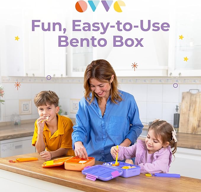 ovve® Ultimate Kids Bento Box & Cutlery Set - Leakproof Lunch Box for Kids with Interchangeable Inserts, BPA-Free, Dishwasher & Microwave Safe - Lunch Containers for School & Preschool (Purple)