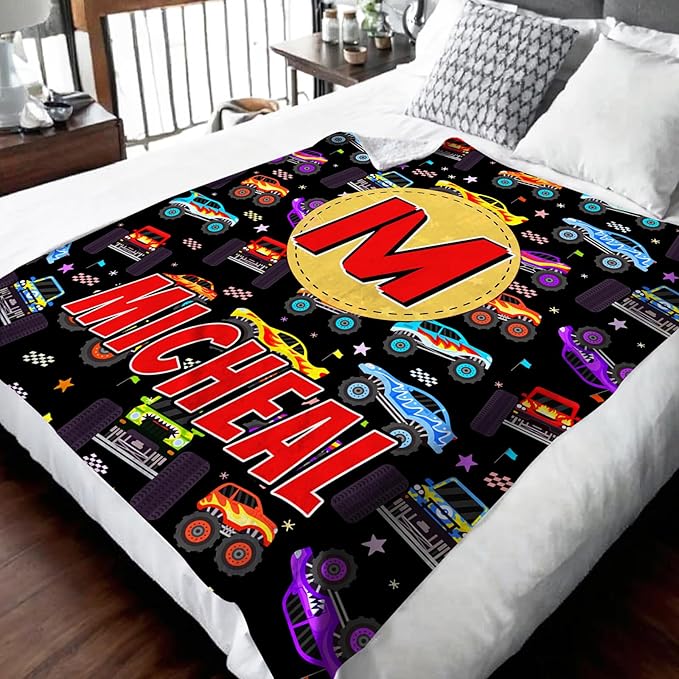 Boys Blankets, Personalized Truck Blanket with Initial Monogram for Kids Toddlers, Cute Car Throws Blanket Gift, Soft Cozy Flannel Throw for Sofa Bed Couch Decor