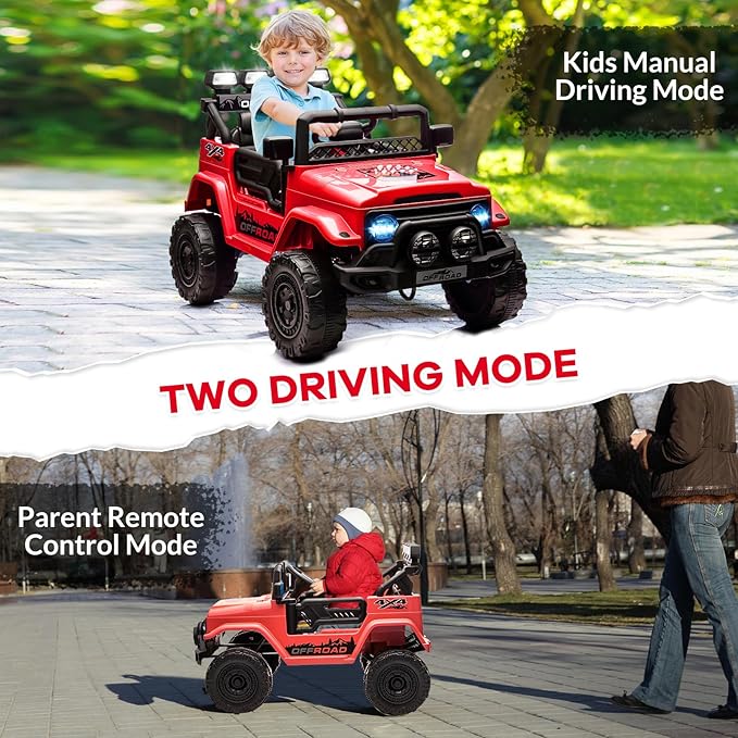 12V Kids Ride-On Truck with Parent Remote Control, Electric Toy Car with Spring Suspension, 3 Speed Modes & LED Lights, Battery Powered Vehicle for Boys Girls Ages 3-8, Red
