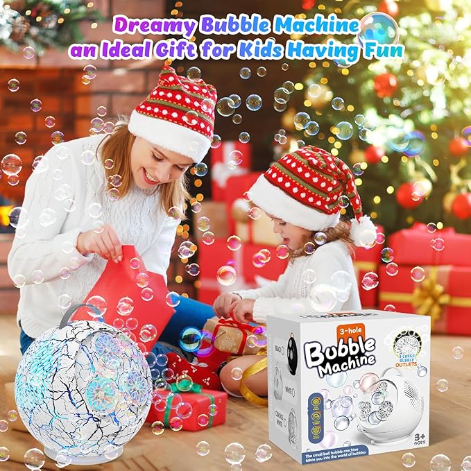 Bubble Machine for Kids Toddlers,45°/360° Rotatable Spherical Bubble Maker Toy with LED Light,Rechargeable Bubble Blower for 3 4 5 Year Old,Wedding Party Easter Birthday Gifts -Spherical White Crack