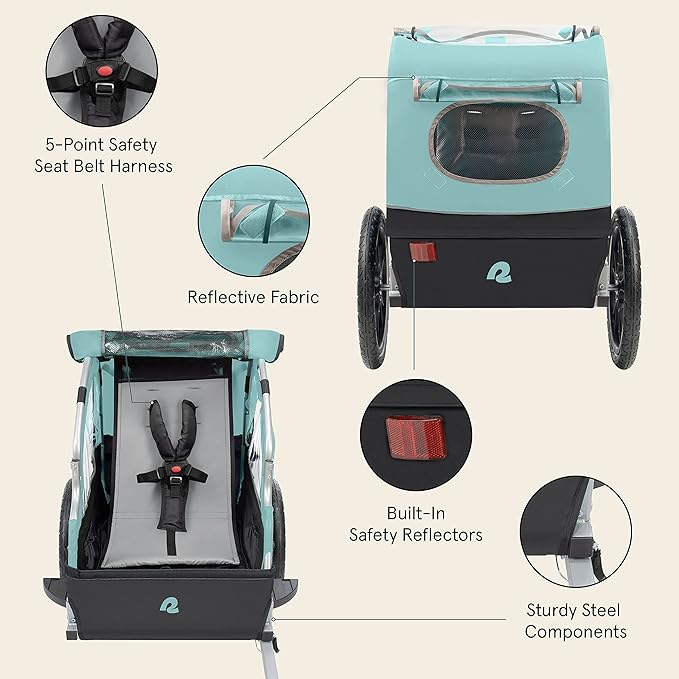 Single & Double Passenger Children’s Foldable/Collapsible Tow Behind Bike Trailer with 16" Wheels, Safety Reflectors & Rear Storage Compartment