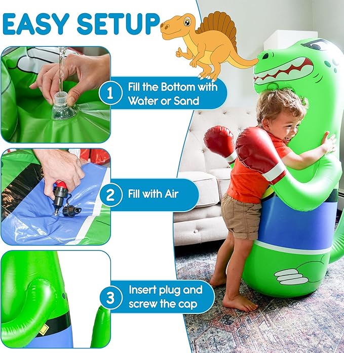 Inflatable Dinosaur Punching Bag for Kids – Bop Bag for Toddlers and Children Ages 3-14 – 47" Blow Up Toy with Bounce-Back Action – Fill Base with Sand or Water