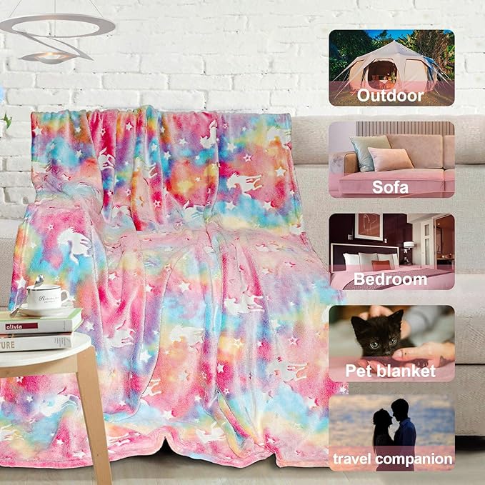 TEHALK Unicorn Glow in The Dark Blanket for Girls/Kids, 60% Polyester/40% Flannel, 40"x60", Pink, Cartoon Unicorn with Star
