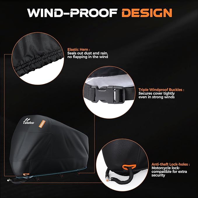 Motorcycle Cover Waterproof Outdoor, 300D Heavy Duty, UV & Rain Resistant, Windproof with 3 Buckles, Fits Most Motorcycles, Cruisers, Sportbikes, Dirt Bikes, Scooters up to 112.2"- 4XL Size