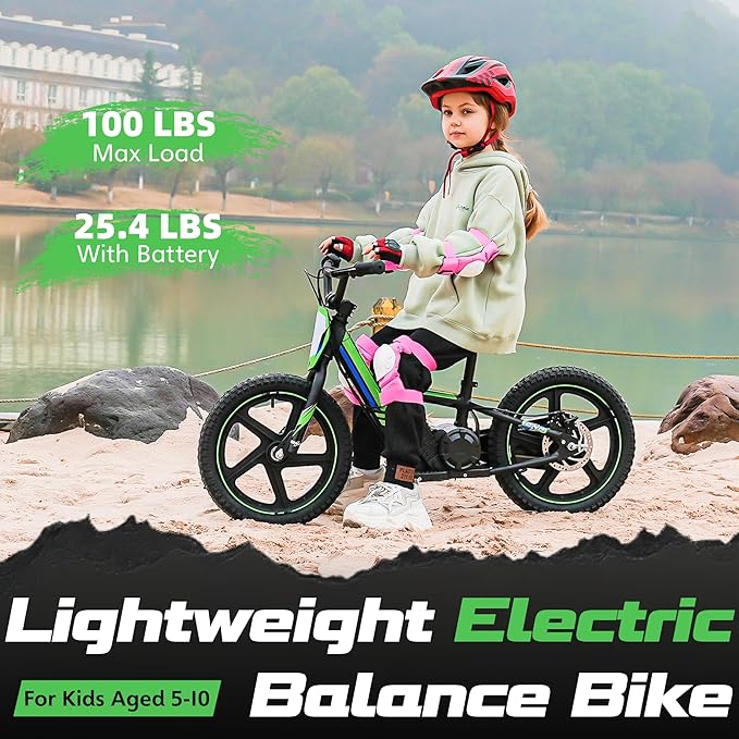 OLALA Electric Dirt Bike for Kids Aged 5-10, 340W Racing Grade Electric Motorcycle with Aluminum Frame, Up to 12MPH & 3 Speed Settings, Safe Disc Brakes, 16IN Knobby Tires
