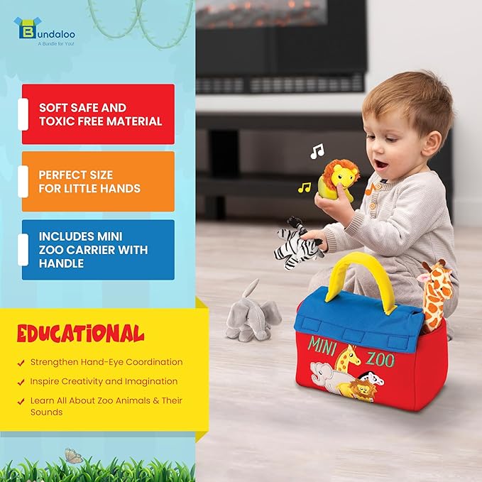 Bundaloo Plush Mini Zoo Playset - Giraffe, Elephant, Lion, Zebra - Interactive Animals, Carrier with Velcro Closure, Natural Sound Effects for Babies and Toddlers