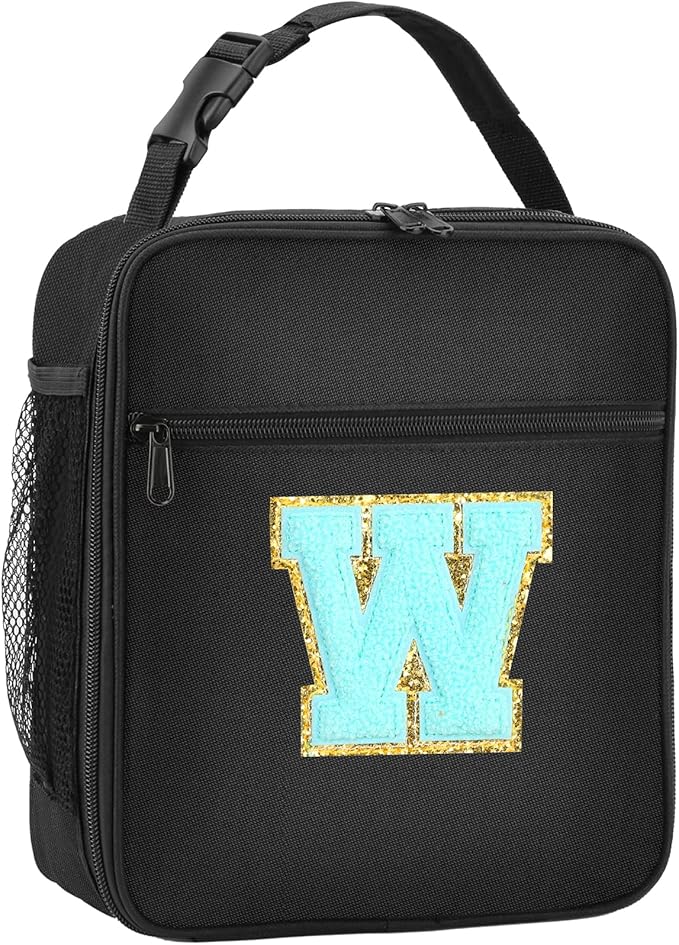 Initial Insulated Lunch Bag, Lunch Box with Initial Letter Patch for Teen Adult, Reusable Lunch Bag for Men Women, Ideal Back to School Gift Birthday Gift, Blue W