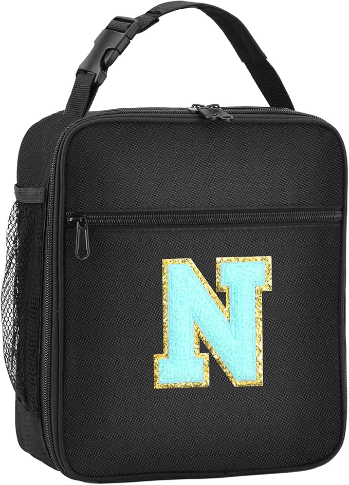 Initial Insulated Lunch Bag, Lunch Box with Initial Letter Patch for Teen Adult, Reusable Lunch Bag for Men Women, Ideal Back to School Gift Birthday Gift, Blue N