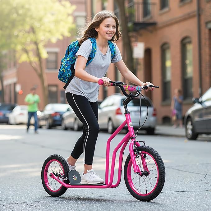 GYMAX Youth Scooter, Height Adjustable Kick Scooters with Extra Large Inflatable 16” Front & 14” Rear Wheels, Dual Hand Brakes & Kickstand, Heavy Duty Scooter for Teens Adults