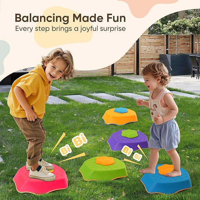 5-Pack Stepping Stones for Kids with Sound Effects - Balance & Coordination Toys for Toddlers Ages 3+, Indoor/Outdoor Play with Interactive Sensory Feedback