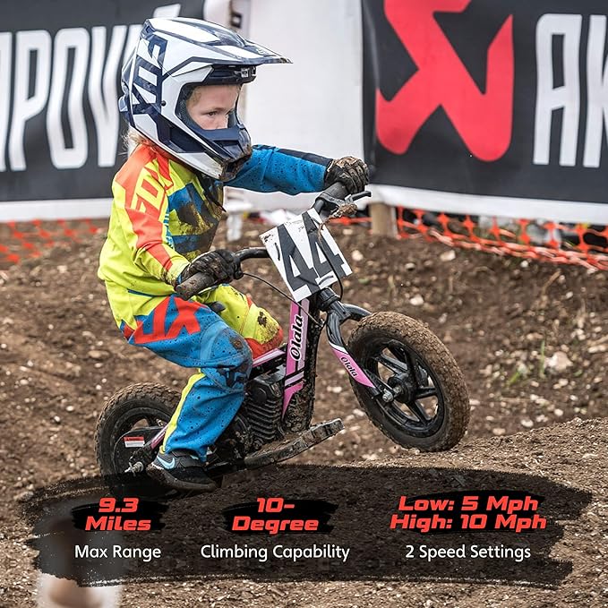 OLALA Electric Dirt Bike for Kids Aged 3-6, 170W Racing Grade Electric Motorcycle, New Aluminum Frame with 2 Power Modes, 24V Detachable Battery, 12IN Knobby Tires