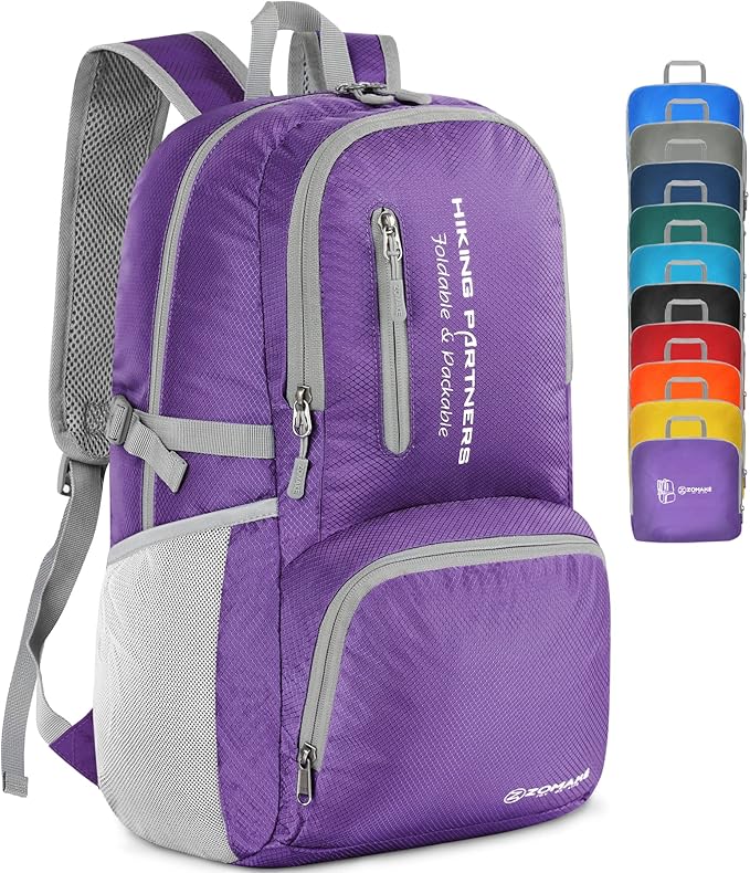 ZOMAKE Lightweight Packable Backpack, 35L Light Foldable Hiking Backpacks Water Resistant Collapsible Daypack for Travel(Purple)