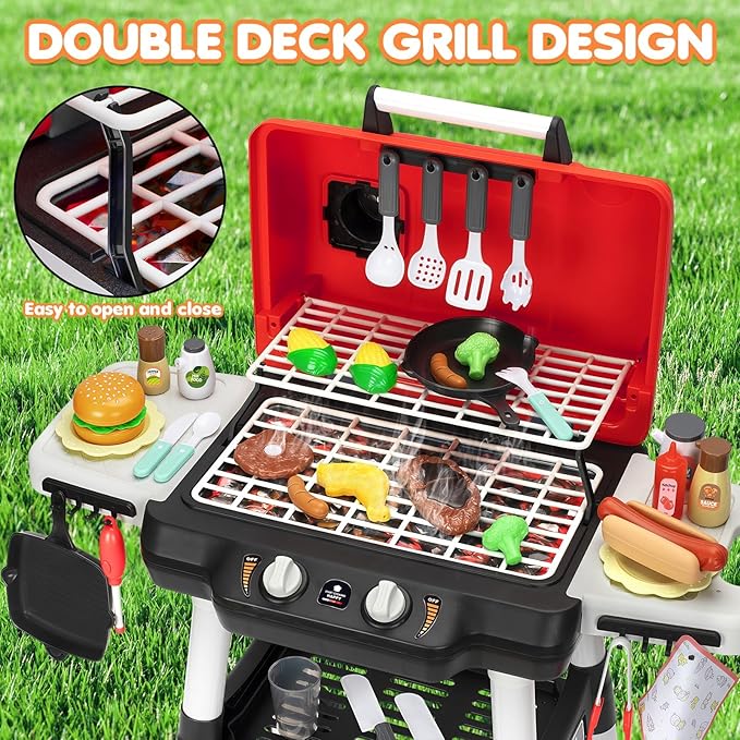 Kids Play Kitchen Toys, Kids BBQ Grill Playset with Smoke Sound Light, 2-Layer Barbecue Toy with Wheels, Outdoor Play Food Toys Cooking Set for Toddlers 3-5, Birthday for Boys Girls