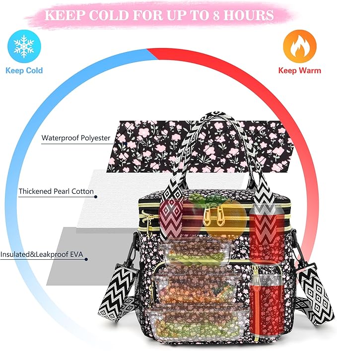 LOKASS Lunch Box for Women-16L-Insulated Lunch Bag Women, Expandable Double-layer Leakproof Cooler Bag with Upgrade Adjustable Shoulder Strap Ideal for Work/Travel/Picnics（Black Flower）