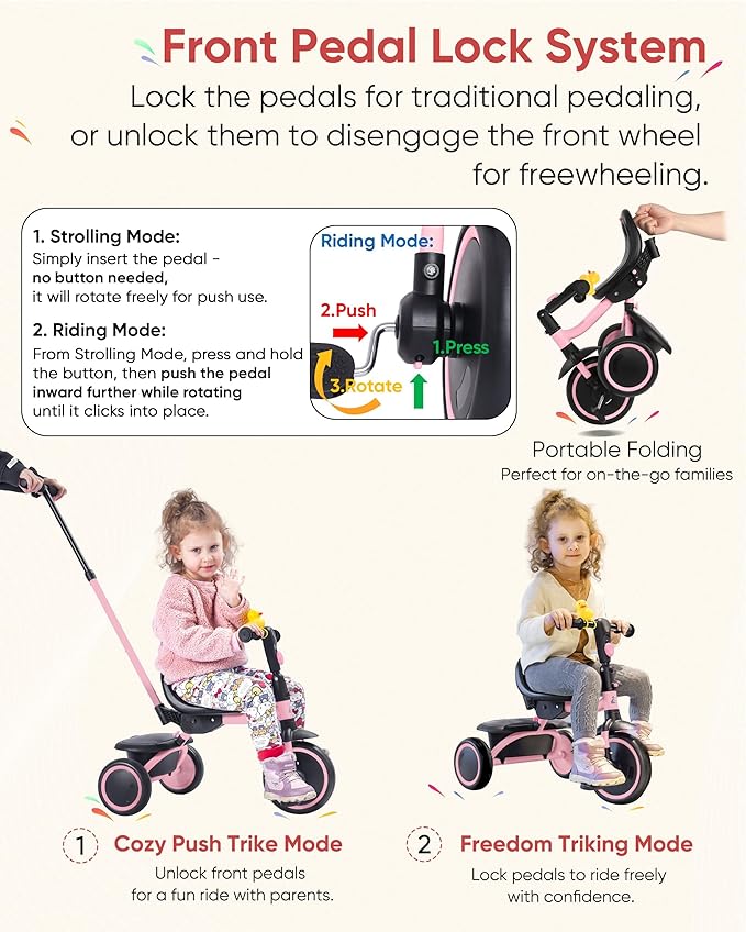 Tricycle for Toddlers 18 Months to 5 Years with Removable Push Handle, Tricycles for 3-5 Year Olds Ideal for On-The-Go Families, Adjustable Carry-Friendly Seat, Pink