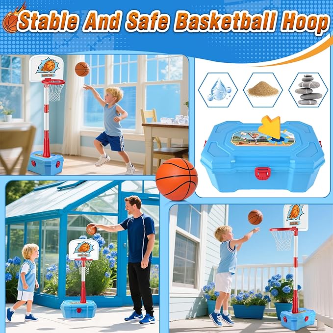 4 in 1 Toddler Basketball Hoop for Kids 1-3,Adjustable Height Kids Basketball Hoop,Stand with Hanging Tee Baseball & Automatic Pitcher,Toddler Indoor/Outdoor Toys for Boys Girls ,Gift for Birthday