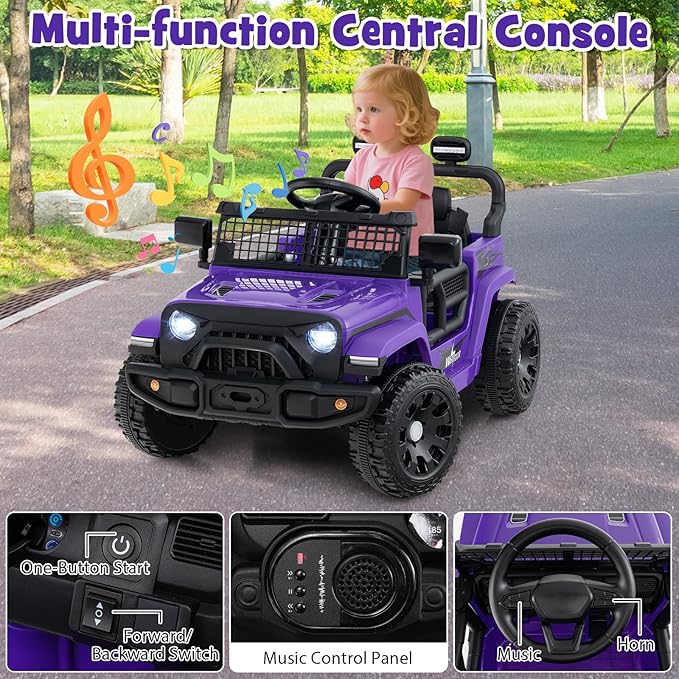 Costzon Kids Ride on Car Truck, 12V Electric Vehicle w/Foldable Mirrors, 3 Speeds, LED Lights, Music & Horn, Ride on Toys Remote Control Car for Toddlers, Boys & Girls (Purple,34" × 23" × 21")