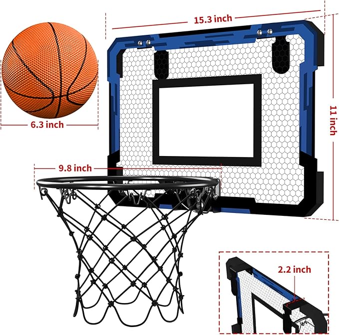 QDRAGON Mini Basketball Hoop, Over The Door Indoor, with 3 Balls/Inflator/Breakaway Rim, Basketball Toy Gifts for Kids and Adults, Suit for Bedroom/Office/Outdoor, Blue