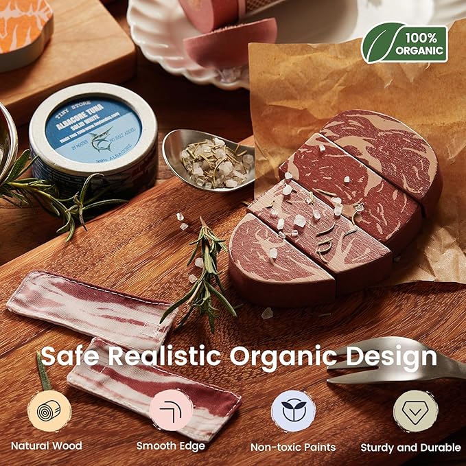 Tiny Land Organic Play Food Set - 6PCS Wooden Seafood & Meat Toy Set for Kids, Pretend Grocery for Kitchen Play, Montessori Toy Gift