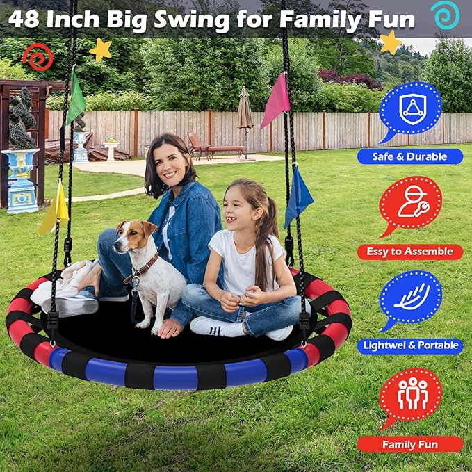 Saucer Swing, 48 Inch Larger Swing Sets for Backyard and Outdoor Playground, 900lbs Weight Capacity, with 360 Degree Swivel, Gifts for Kids and Family, Blue and Red