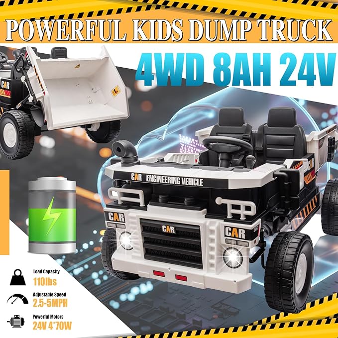 24V 4WD 2-Seater XL Kids Ride on Truck Electric Toy Car with Electric Dump Bed, Parents Remote Control Kids Car Tractor Toys Ride-on Dump Truck for Boys and Girls Ages 3+, White