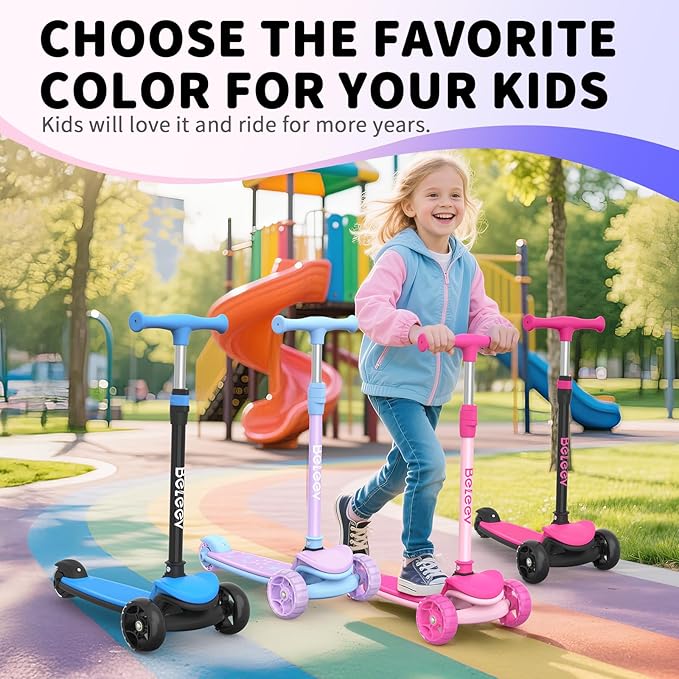 BELEEV A8 Scooter for Kids Ages 3-12, 3 Wheel Folding Scooter for Toddlers Girls Boys, LED Light-Up Wheels, 4 Adjustable Height, Lean to Steer, Extra Wide Wheels, Three Wheel Kick Scooter for Children