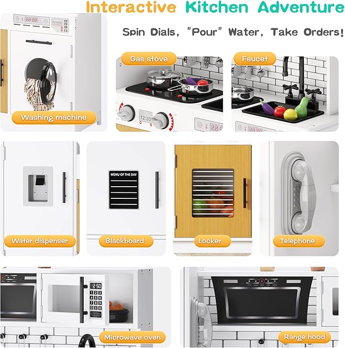 soges Kids Kitchen Playset with Lights & Sounds - 31" H Interactive Pretend Play Toy with Storage Cabinet, Stainless Steel Cookware, Eco-Friendly Design, for Toddlers Ages 3 Years and Over