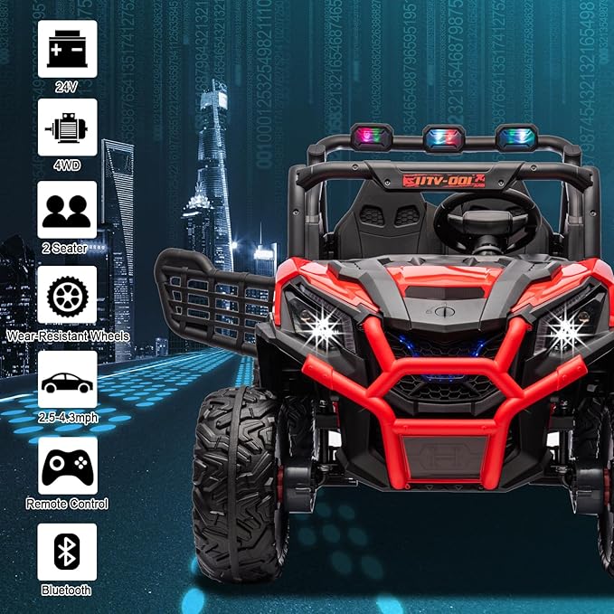 24V 4WD 2-Seater Ride On Car for Kids, 4X4 Battery Powered Ride On Toy with Remote Control, Electric Vehicle 4 Wheeler UTV for Boys Girls, LED Light, Music, Bluetooth, Red