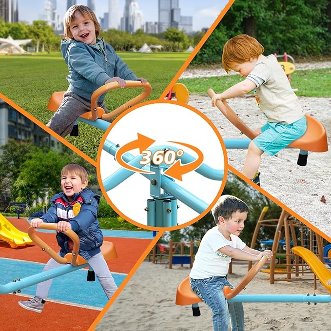 360 Degree Rotation Seesaw Swivel Teeter-Totter, 2/3/4 Seats Sit and Spin Outdoor Playground Equipment for Kids, Toddlers, Boys, Children (Orange-4 Seats)