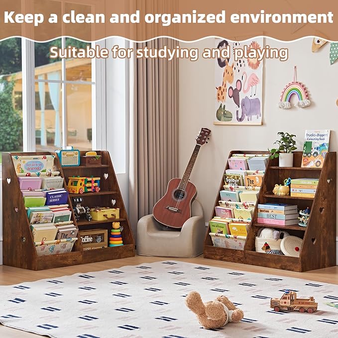 Lerliuo 4 Tier Kids Bookshelf and Storage Organizer, Five Layer Sling Children Bookcase, Baby Toddler Wooden Book Shelf, Display Cabinet for Playroom, Bedroom, Classroom, Nursery, School (Brown)