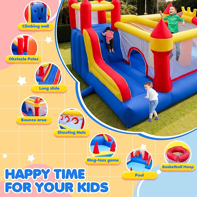 Liaakrr Bounce House, 8-in-1 Bounce House for Kids, Bouncy House with Slide, Climbing Wall, Ball Pit, Obstacles, Trampoline & Basketball Hoop – Includes Blower for Indoor & Outdoor
