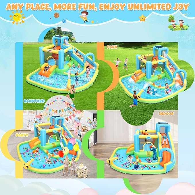 Whubefy 12.8x12ft Inflatable Bounce House for Big Kids, 13 in 1 Bouncy House Jump Castle for Kids 3-6 Indoor Outdoor Wet Dry Water Bounce House Double Slide with Pool, Ball Pit, Ring Toss Cones,5 Toys